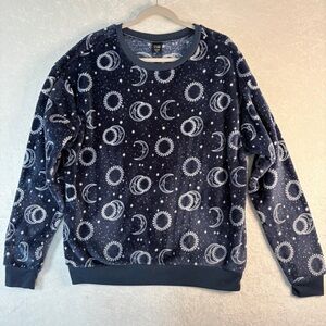 COLD CRUSH Velvet Plush Sweatshirt Navy Blue Sun Moon Celestial Pattern